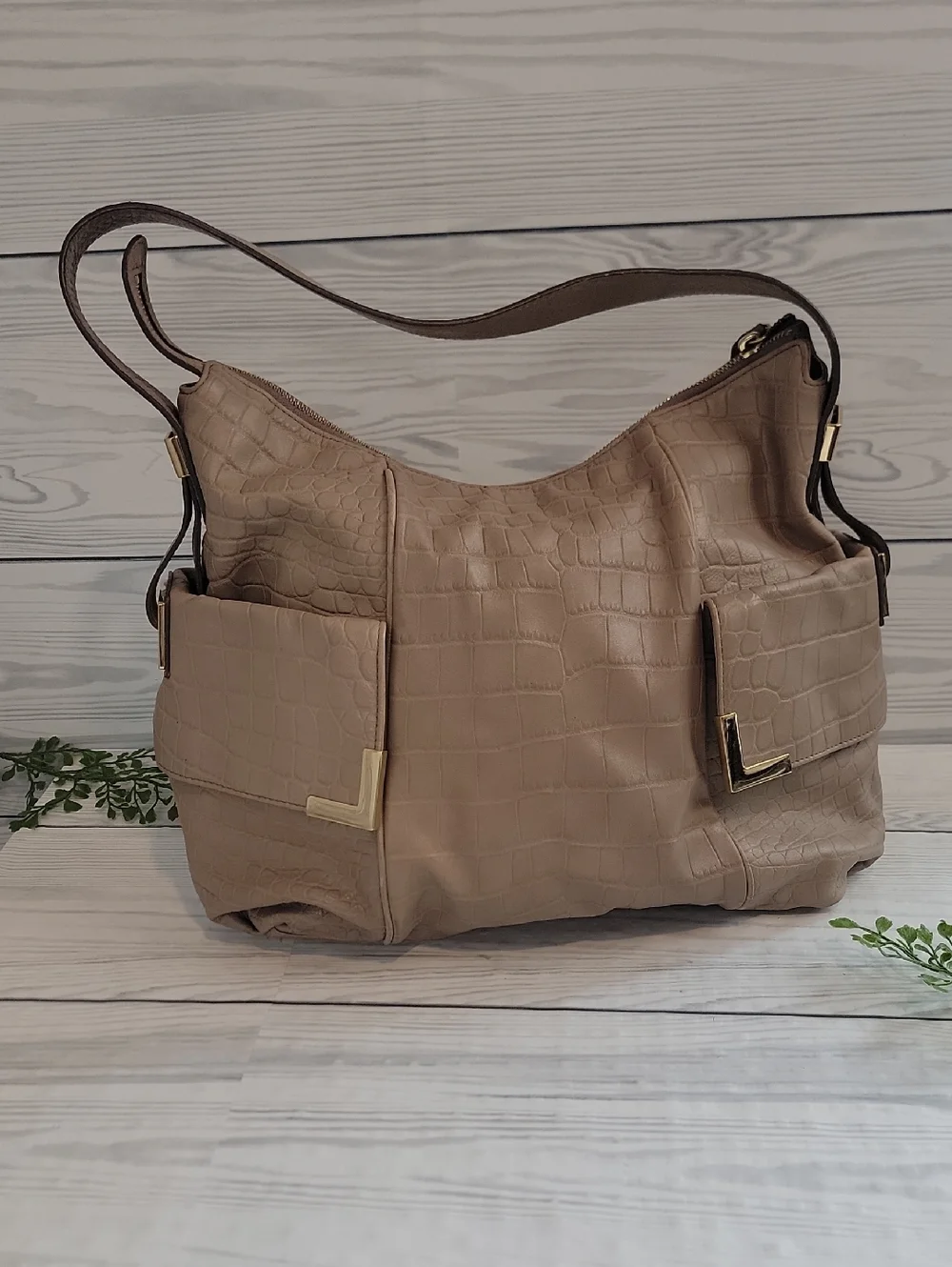 Michael Kors Beverly Croc Embossed Taupe Shoulder Bag Large Hobo